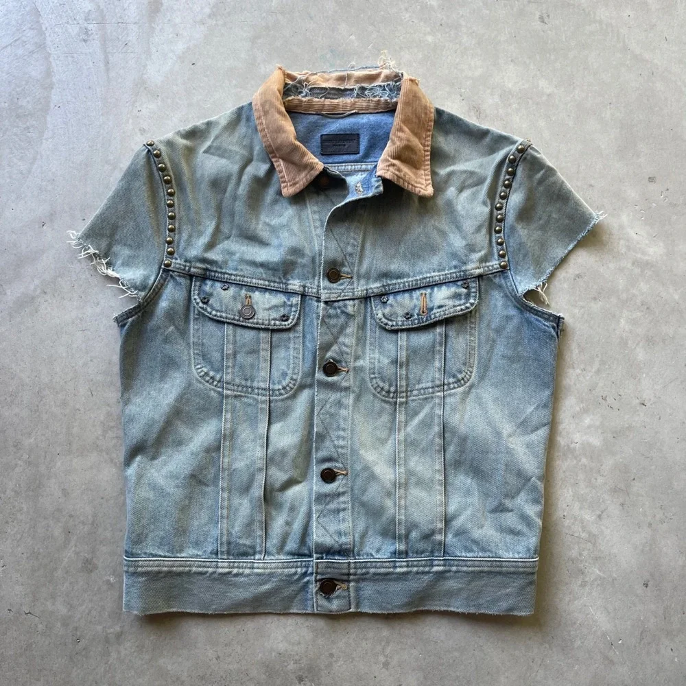 Saint Laurent Paris Mens Studded Distressed Denim Vest Light Wash Corduroy L